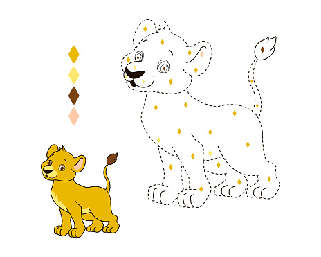 Coloring book by numbers, by color for children, small lion, dotted line. Vector illustrations in cartoon style, isolated l