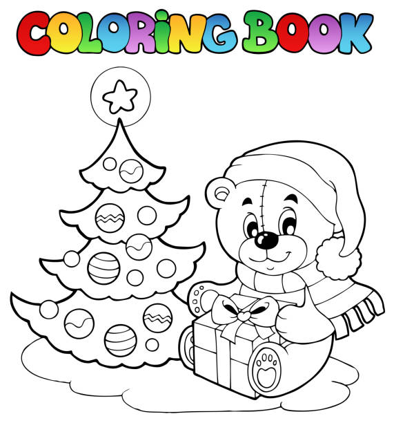 Coloring book Christmas teddy bear Coloring book Christmas teddy bear - vector illustration. christmas coloring stock illustrations