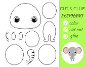 Coloring book cut and glue baby elephant. Educational paper game for preschool children. Cut and Paste Worksheet. Color, cut parts and glue on paper.Cartoon character. Vector stock illustration.