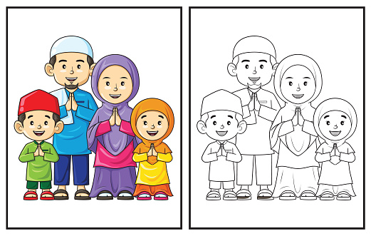 Coloring book cute happy muslim family