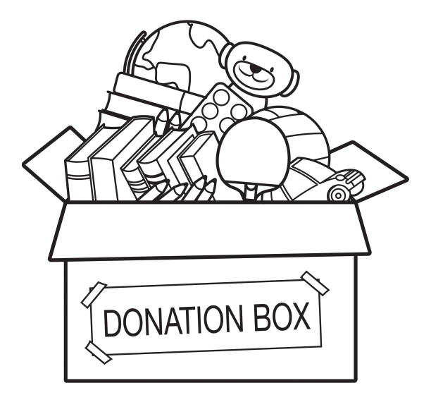 ilustraciones, imágenes clip art, dibujos animados e iconos de stock de libro para colorear, caja de donación llena de juguetes, libros, - giving tuesday