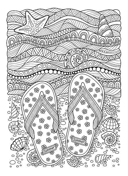 Coloring book for adult. Sea beach. Slippers, sand and shell. Coloring book for adult. Sea beach. Slippers, sand and shell. adult coloring stock illustrations