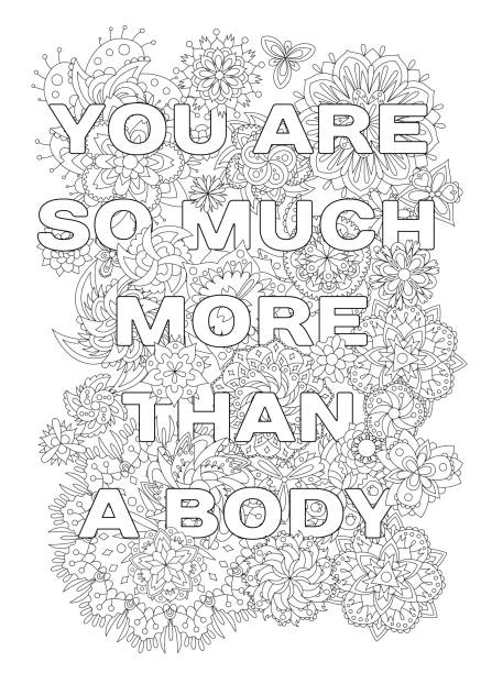 coloring book for adults with inspirational quote Vector coloring book for adults with inspirational bodypositive quote and mandala flowers in the tangled style with editable line quote coloring pages stock illustrations