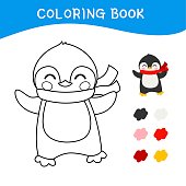 Coloring book for children. Vector illustration of a cute little penguin in a scarf.