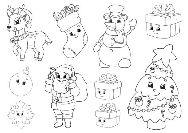 Coloring book for kids. Christmas theme. Cheerful characters. Vector illustration. Cute cartoon style. Black contour silhouette. Isolated on white background. Coloring book for kids. Christmas theme. Cheerful characters. Vector illustration. Cute cartoon style. Black contour silhouette. Isolated on white background. christmas coloring stock illustrations