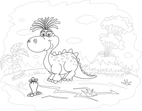 Coloring Book Funny Dinosaur In A Prehistoric Landscape Stock