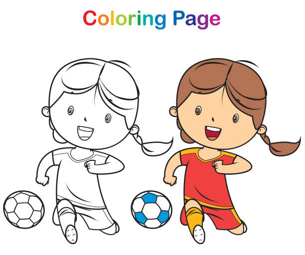 stockillustraties, clipart, cartoons en iconen met kleurboek: meisje te voetballen - voetbal meisje