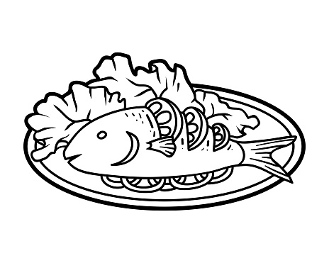 Coloring Book Grilled Fish On Plate Stock Illustration