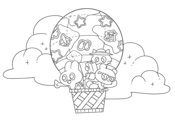 Coloring book illustration of rabbit, bear and cat in a balloon It is an illustration of a rabbit, bear and cat traveling on a balloon. It is a monochrome line drawing. cute cat coloring pages stock illustrations