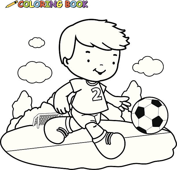 Coloring book kid playing football Vector Illustration of a black and white outline image of a boy playing soccer. Coloring book page. football clipart black and white stock illustrations