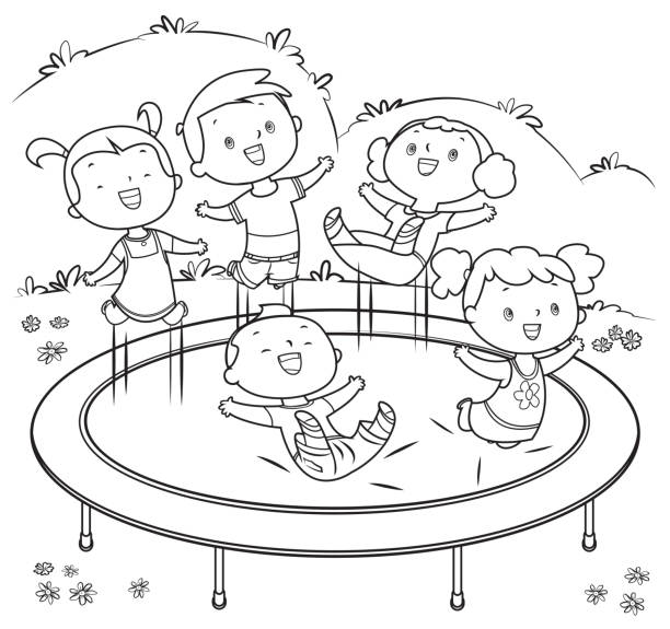 illustrazioni stock, clip art, cartoni animati e icone di tendenza di libro da colorare, bambini che saltano sul trampolino - tappeto elastico