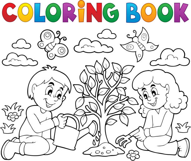 Coloring book kids planting tree Coloring book kids planting tree - eps10 vector illustration. butterfly coloring stock illustrations