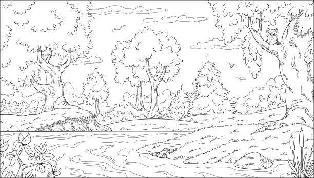 Coloring Book Landscape Coloring book landscape. Hand draw vector illustration with separate layers. river drawings stock illustrations