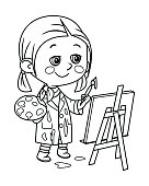 Vector coloring book, Little girl painting on a canvas