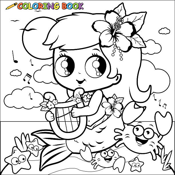 Coloring book mermaid playing music with her lyre Vector Illustration of a black and white outline image of a cute mermaid sitting on a rock by the sea playing music with her lyre. Crabs and starfish dance to the music. Coloring book page. black and white hibiscus cartoon stock illustrations