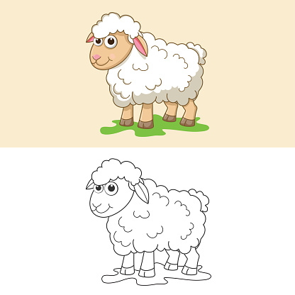 Coloring book or page cartoon illustration of funny sheep. Cute colorful farm animalas an example for coloring book. Practice worksheet for preschool and kindergarten. Educational game for kids.