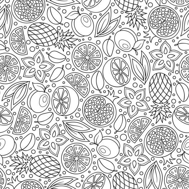 Coloring book page. Adult antistress therapy. Seamless pattern with orange fruits and leaves. Hand Drawn Monochrome Texture, Decorative Leaves, Coloring Book . Vector illustration. adult coloring stock illustrations