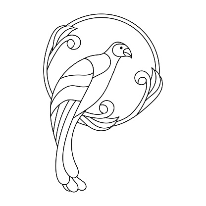 Coloring book page fot children. A cute bird in a round ornate frame. Vector illustration