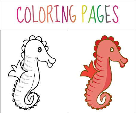 Coloring book page, seahorse. Sketch and color version.