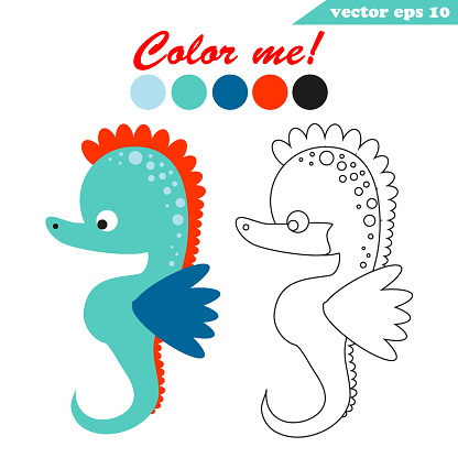 Coloring book page with underwater creature seahorse.