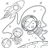 Vector Coloring Book, Rocket during a space travel.