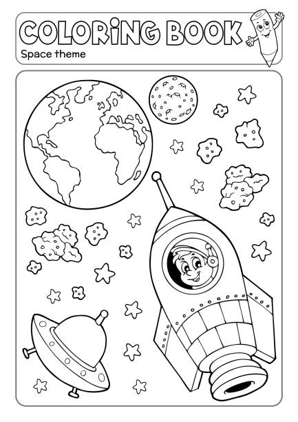 ilustrações de stock, clip art, desenhos animados e ícones de coloring book space theme 3 - moon b&w