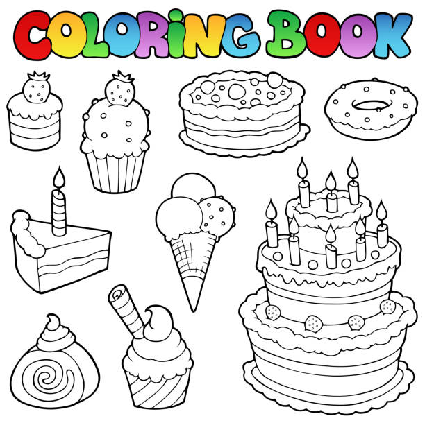 ilustrações de stock, clip art, desenhos animados e ícones de livro de colorir vários bolos 1 - serving a slice of cake