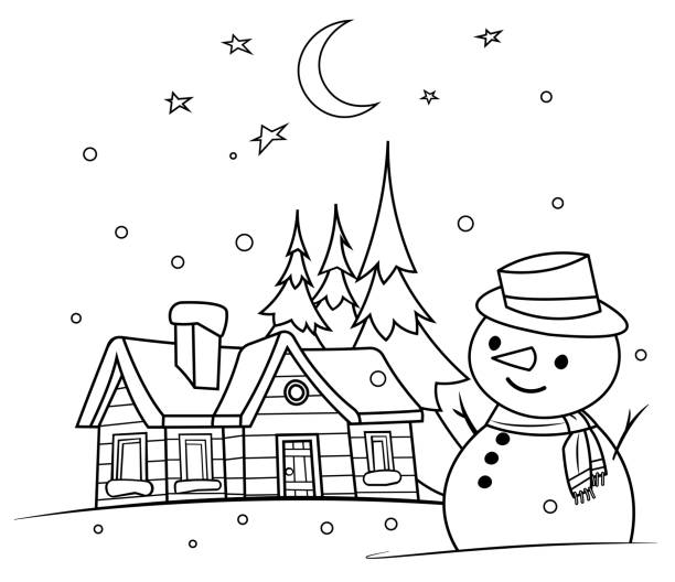Coloring Book, winter night with a snowman Vector Coloring Book, winter night with a snowman coloring pages stock illustrations