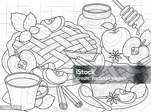 istock Coloring book with apple pie abstract concept 1366115698