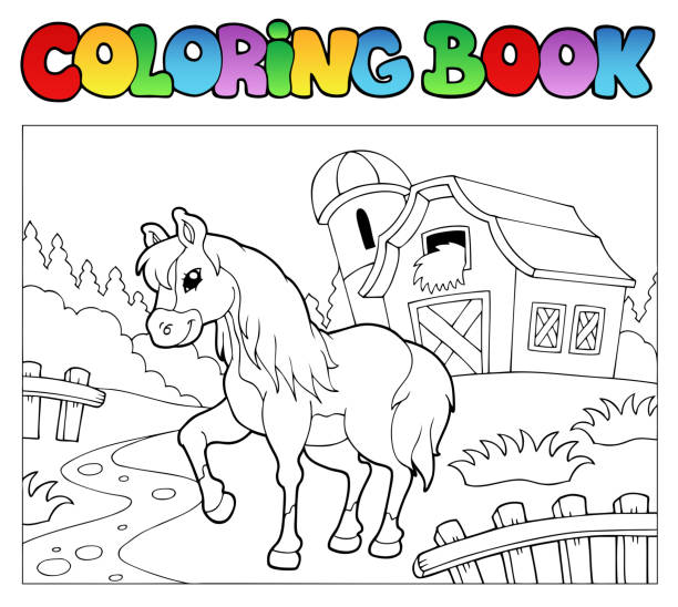 bildbanksillustrationer, clip art samt tecknat material och ikoner med coloring book with farm and horse - häst jordbruk