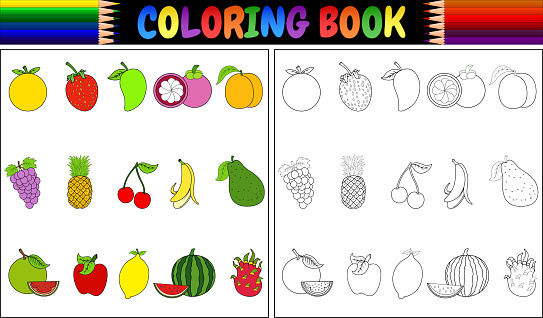 Coloring book with fresh fruits cartoon