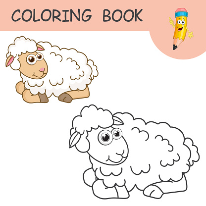 Coloring book with fun character Lamb. Colorless and color samples young sheep on coloring page for kids. Coloring design in cute cartoon style. Black contour silhouette with a sample for coloring.