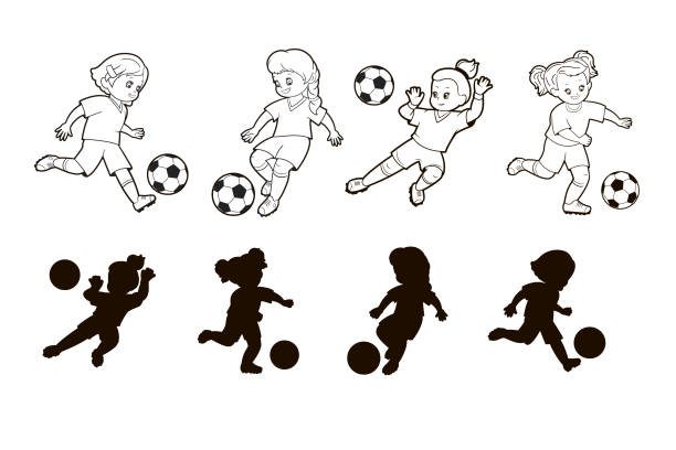stockillustraties, clipart, cartoons en iconen met kleurboek: jonge meisjes voetballers spelen met een bal. een set van vier vormen. spel - zoek de juiste schaduw. vectorillustratie, cartoon, zwart-wit lijnen. - voetbal meisje