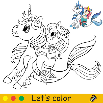 Coloring cartoon cute mermaid riding a sea unicorn