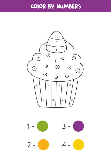 Coloring cute Halloween candy cupcake by numbers. Math game. Color cute Halloween cupcake with candy by numbers. Educational game for kids. Coloring page for preschool children. cupcakes coloring pages stock illustrations