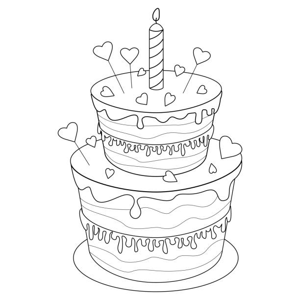 Coloring page; black and white vector illustration; birthday cake for antistress books. Coloring page; black and white vector illustration; birthday cake for antistress books. cupcakes coloring pages stock illustrations