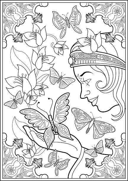 Coloring Page Butterflies And Fairy Princess Vector Illustration of a black and white outline image of butterflies flying, with a princess Fairy on a background of flowers in springtime. adult coloring stock illustrations
