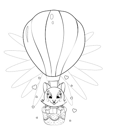 Coloring page. Cheerful and cute kitten is flying in a hot air balloon