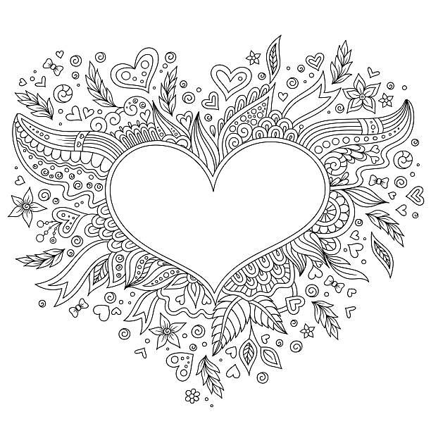 Coloring page flower heart St Valentine's day Coloring page flower heart St Valentine's day. Coloring page with details isolated on white background . Doodle pattern for relax and meditation. Black line art on white background. adult coloring stock illustrations