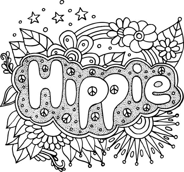 Coloring page for adults with motivational quote - Hippie. Doodle lettering. Art therapy antistress illustration. Black and white line art. Vector artwork Coloring page for adults with motivational quote - Hippie. Doodle lettering. Art therapy antistress illustration. Black and white line art. Vector artwork. coloring book pages templates stock illustrations