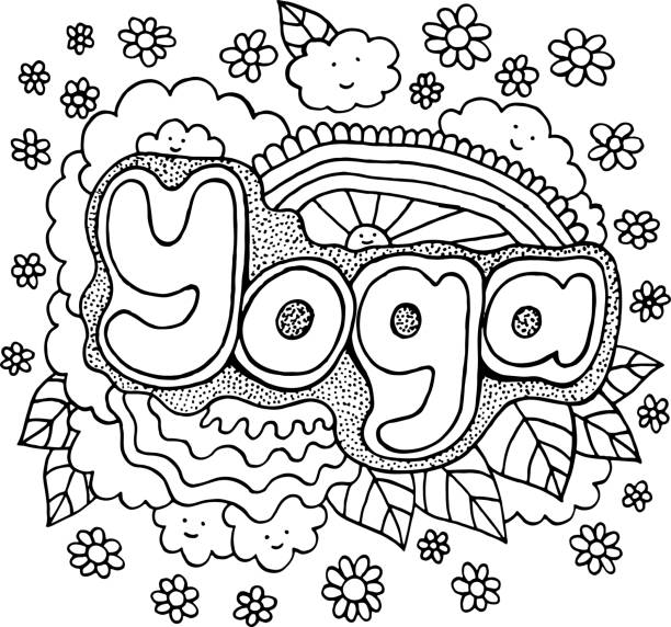 Coloring page for adults with motivational quote - Yoga. Doodle lettering. Coronavirus quarantine antistress illustration. Black and white line art. Vector artwork Coloring page for adults with motivational quote - Yoga. Doodle lettering. Coronavirus quarantine antistress illustration. Black and white line art. Vector artwork. quote coloring pages stock illustrations