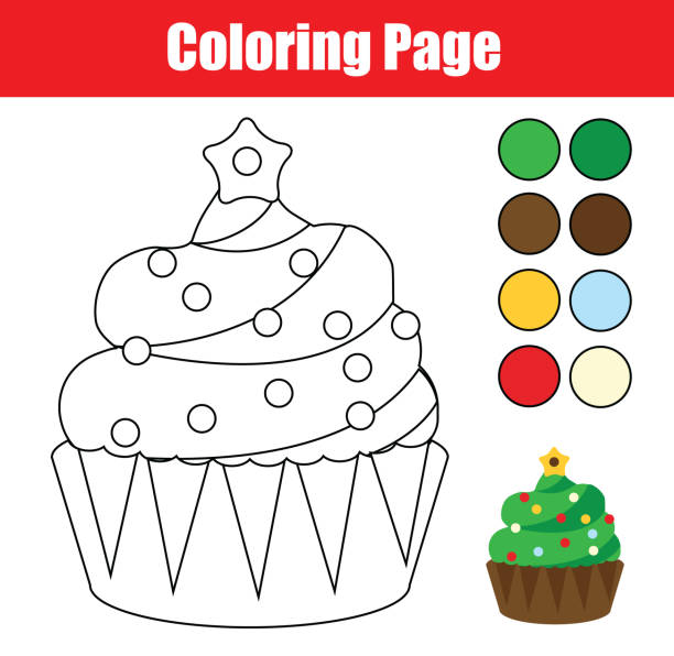 Coloring Page for kids. new year cupcake Coloring page. Educational children game. Color Christmas cupcake. Drawing printable activity for kids, toddlers cupcakes coloring pages stock illustrations