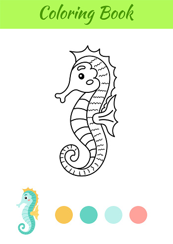 Coloring page happy sea horse. Coloring book for kids. Educational activity for preschool years kids and toddlers with cute animal. Flat cartoon colorful vector illustration.