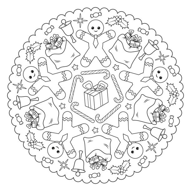 Coloring Page Mandala For Kids With Winter, Christmas and Happy New Year Gingerbread man, Candy cane, Gift, Bag, Holly, bell, candy. Vector Illustration. Coloring Page Mandala For Kids With Winter, Christmas and Happy New Year Gingerbread man, Candy cane, Gift, Bag, Holly, bell, candy. Vector Illustration. gingerbread man coloring page stock illustrations