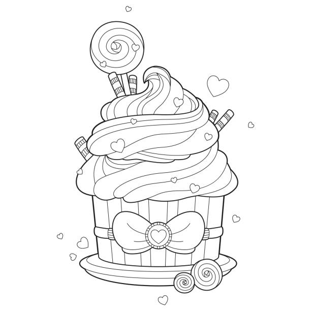 Coloring page of a wedding cupcake Black and white adult coloring page of decorative wedding cupcake with a bow and lollipop cupcakes coloring pages stock illustrations