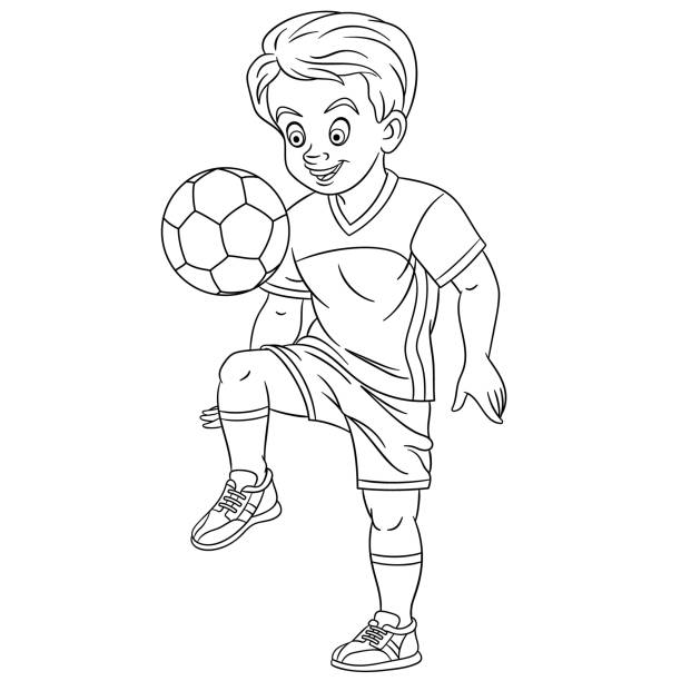 Coloring page of cartoon boy soccer player Coloring page of cartoon boy soccer player. Coloring book design for kids. black and white football stock illustrations