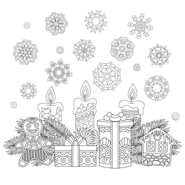 Coloring page of Christmas gifts Christmas ornaments, children gifts, cookies, candles, vintage snowflakes. Freehand sketch for Happy New Year greeting card or adult coloring book page. gingerbread man coloring page stock illustrations