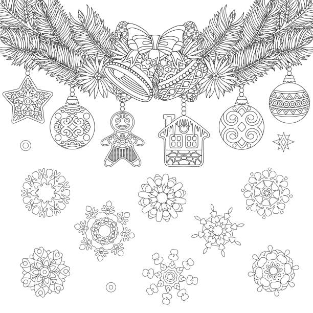 Coloring page of Christmas ornaments Christmas ornaments, fir tree, jingle bells and vintage snowflakes. Freehand sketch for Merry Christmas greeting card or adult coloring book page. gingerbread man coloring page stock illustrations