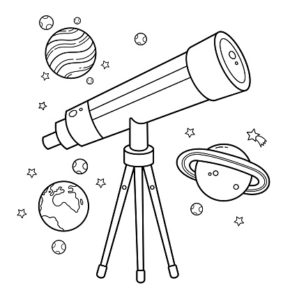 Coloring Page Outline Of a cartoon telescope with stars and planets. Space and astronomy. Coloring book for kids.