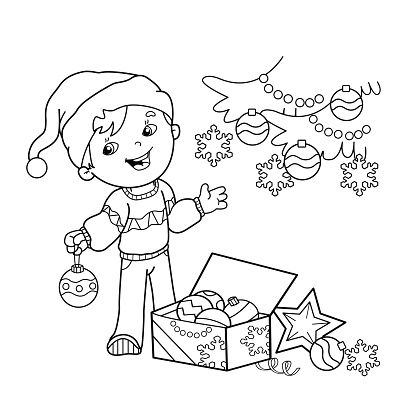 Coloring Page Outline Of Cartoon Boy Decorating The Christmas Tree